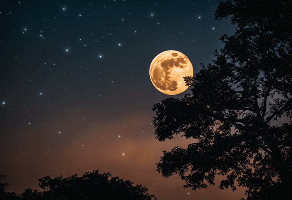 An image of a majestic night sky showcasing a glowing full moon casting its ethereal light on a serene landscape, symbolizing the profound significance of lunar phases in Vikram Samvat