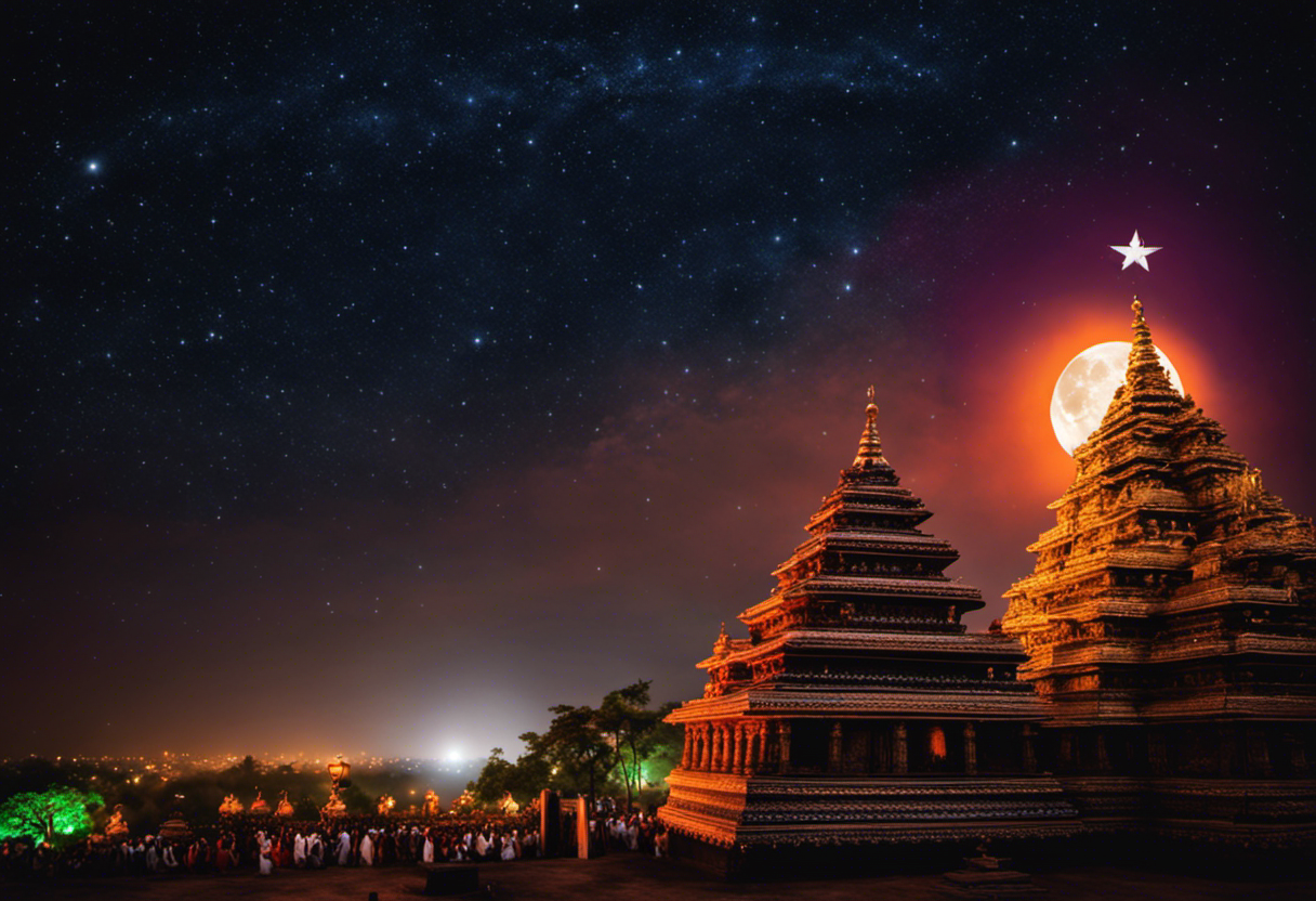 An image showing a vibrant, starlit sky with a full moon shining down on a beautifully decorated temple, symbolizing the significance of lunar phases in Vikram Samvat, influencing festivals and religious observances