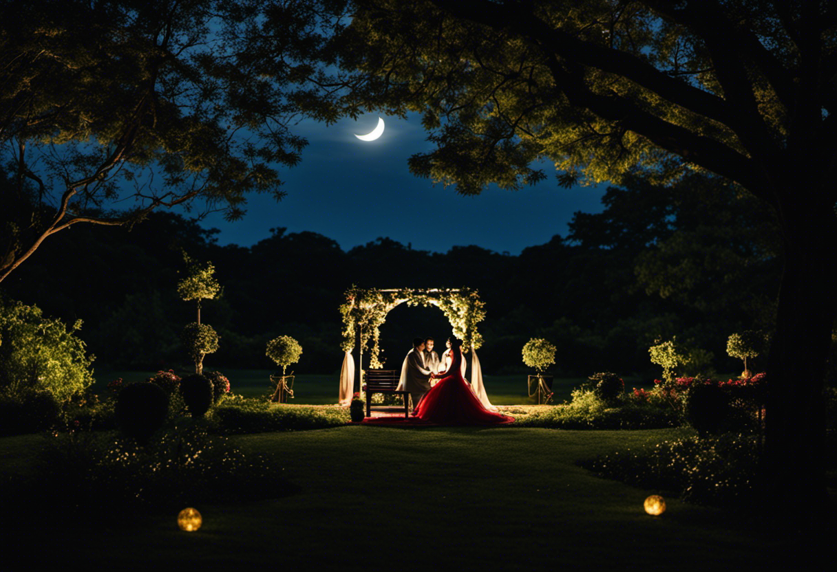 An image showcasing a moonlit garden with a silhouette of a couple exchanging wedding vows under a full moon, symbolizing the profound influence of lunar phases on marriage and relationship rituals in Vikram Samvat
