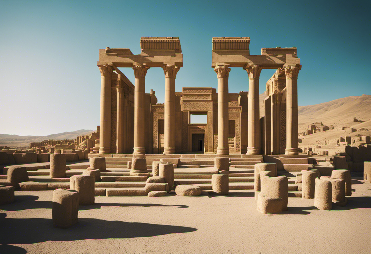 An image showcasing the ancient city of Persepolis, with its grand architecture and intricate carvings, symbolizing the historical origins of the Zoroastrian Calendar and its influence on other calendar systems