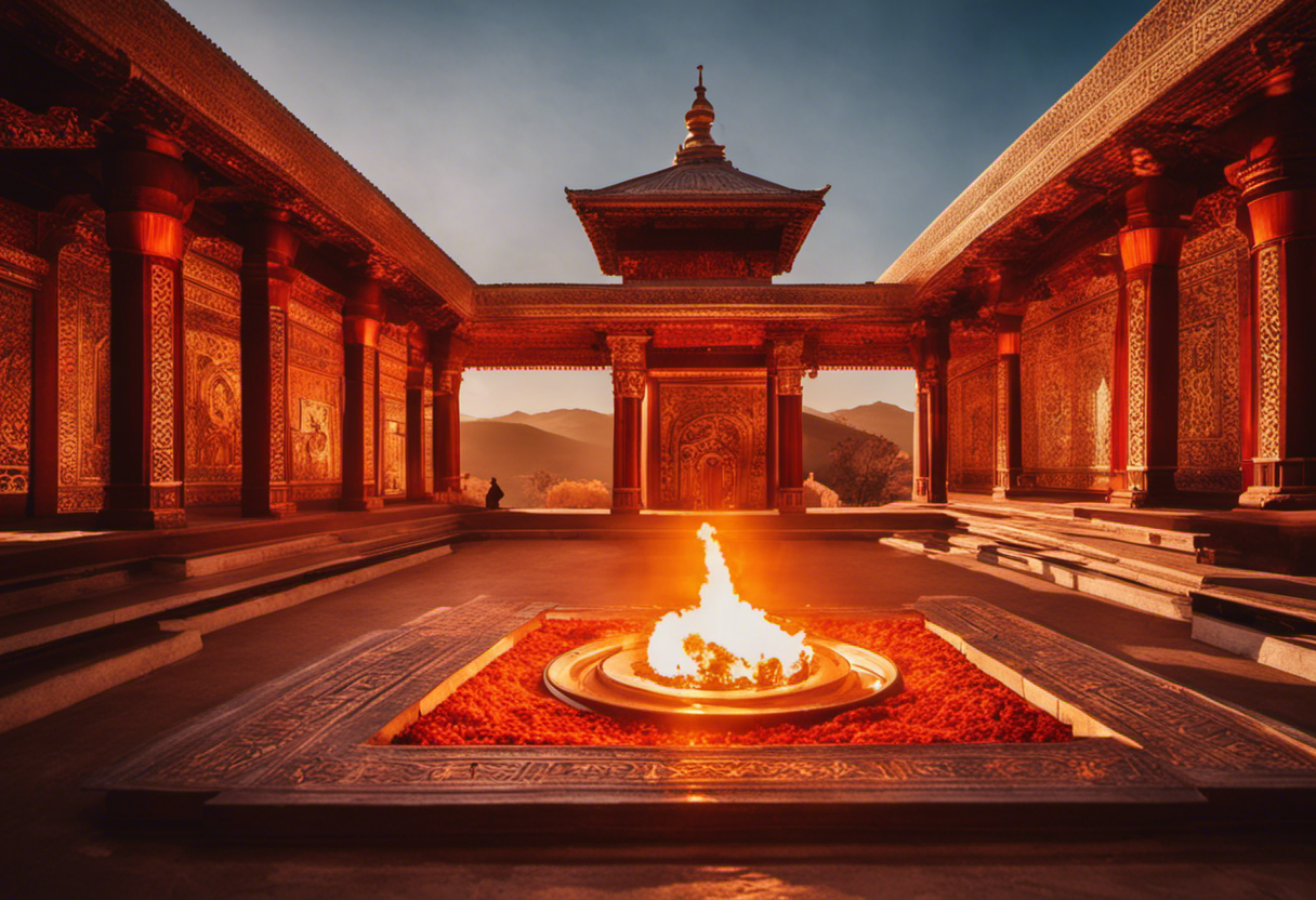 An image of a vibrant Zoroastrian fire temple adorned with traditional symbols, where a flickering flame casts a shadow in the shape of a shining sun, representing the profound significance of the extra day in the Zoroastrian Leap Year