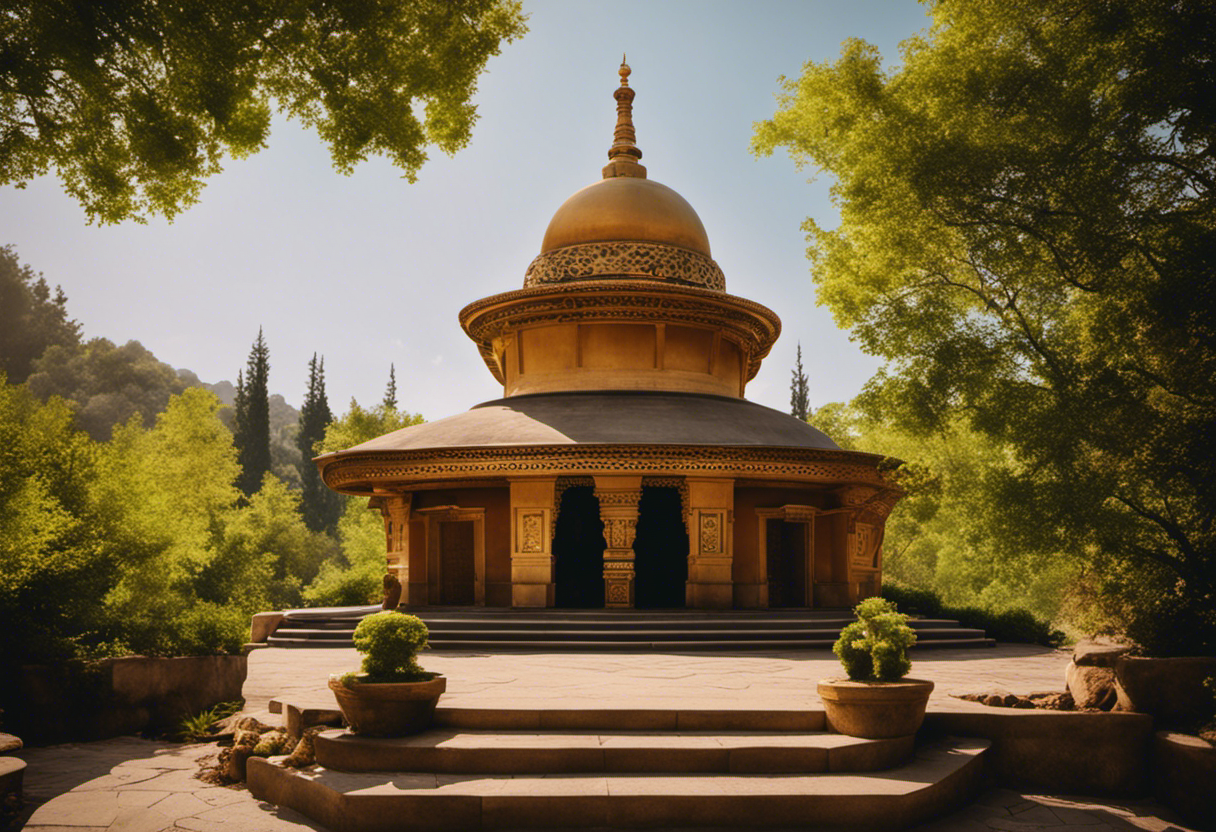 An image showcasing a traditional Zoroastrian fire temple surrounded by lush greenery, symbolizing the leap year's connection to nature and fertility