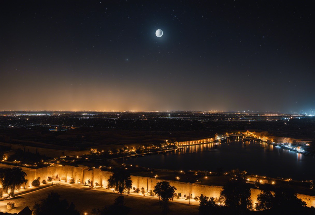 An image showcasing a clear night sky over ancient Babylon, with a mesmerizing lunar crescent hanging above the Euphrates River