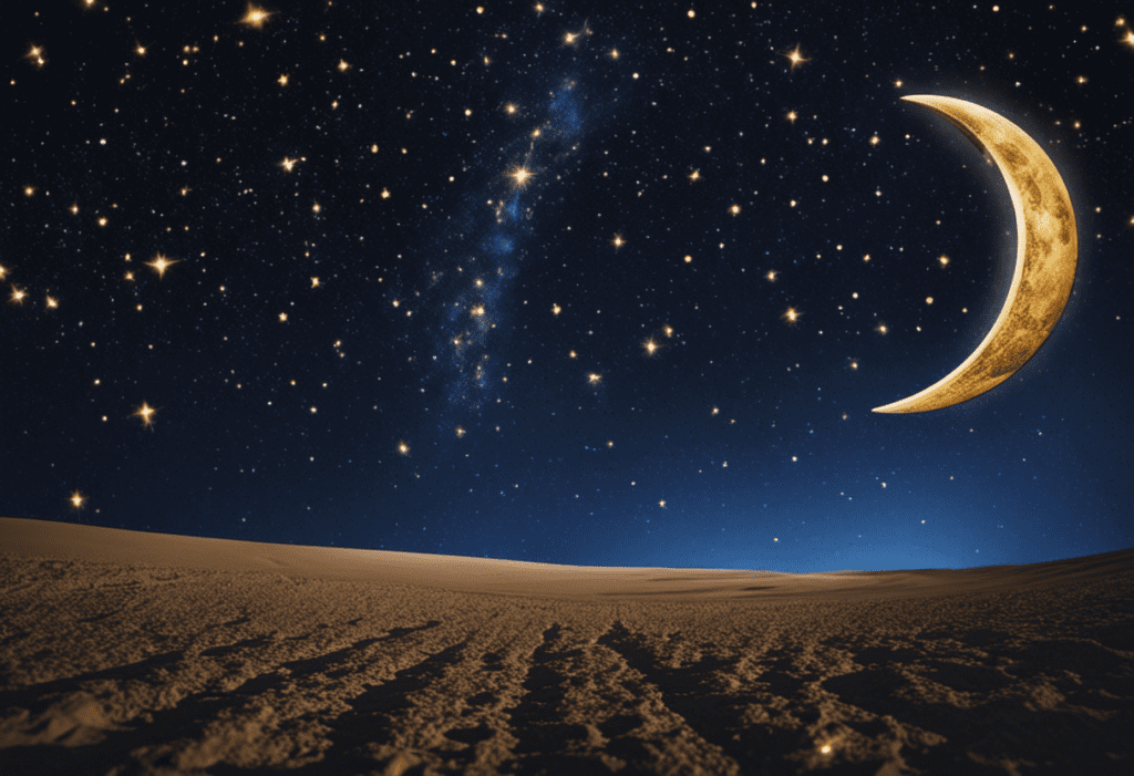 An image depicting a starry night sky with a crescent moon, surrounded by astronomical symbols, showcasing the Babylonians' lunar basis for their calendar system