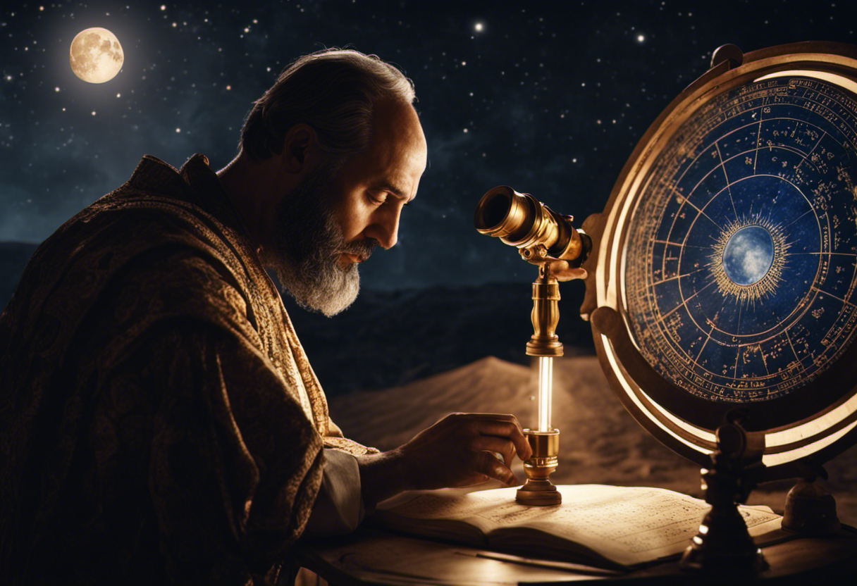 An image showcasing a Babylonian astronomer meticulously observing the moon's phases through a telescope, surrounded by celestial charts, tablets, and intricate astrological instruments, highlighting the profound role of lunar observations in Babylonian astrology
