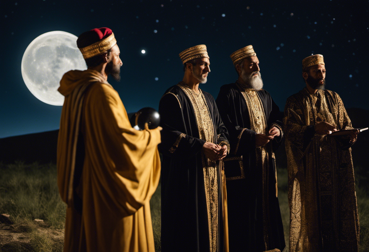 An image showcasing a clear night sky with a crescent moon and a group of Babylonian astronomers, adorned in traditional robes, observing and recording the moon's phases using astrolabes and tablets