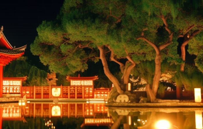 An image showcasing a serene night scene: a full moon illuminates a traditional Chinese garden adorned with zodiac symbols, fortune-telling tools, and ancient astrological charts, symbolizing the profound connection between the lunar calendar and Chinese astrology