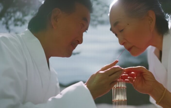 An image showcasing a serene, moonlit landscape with a traditional Chinese medicine practitioner gently placing acupuncture needles on a patient, capturing the harmonious connection between the lunar calendar and ancient healing practices