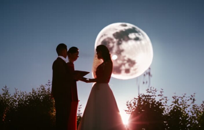 An image showcasing a beautifully adorned traditional wedding ceremony beneath a radiant full moon, as a couple exchanges vows in the moonlit night, symbolizing the profound influence of the lunar calendar on matchmaking and weddings