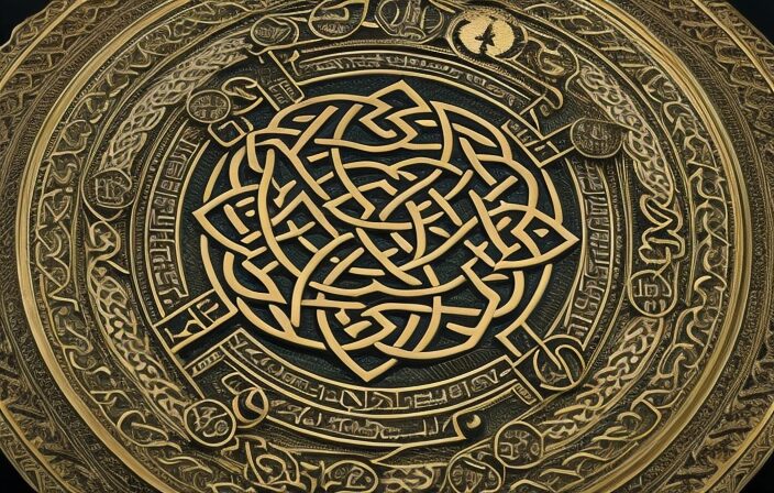 An image featuring a circular Celtic calendar adorned with intricate glyphs and sigils