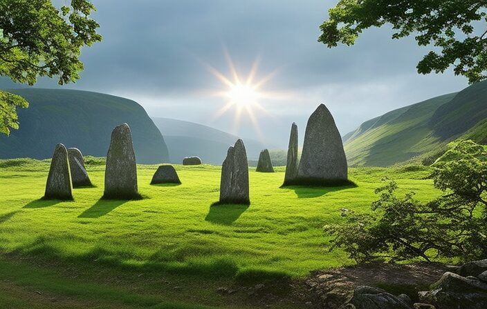 An image depicting an ancient stone circle adorned with intricate carvings, standing in the midst of a lush green landscape