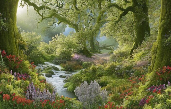 An image showcasing the enchanting plants and herbs that align with the Celtic Calendar, depicting a lush forest clearing adorned with vibrant flowers, delicate ferns, and mystical mistletoe hanging from ancient oak branches