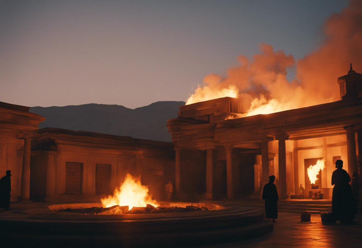 An image capturing the ethereal glow of a flickering fire in a grand Zoroastrian fire temple, symbolizing the divine presence and timeless essence of fire in Zoroastrian beliefs and rituals