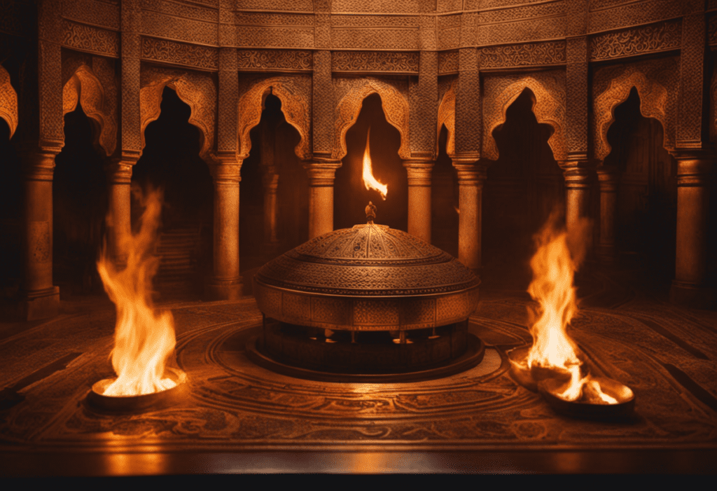 An image capturing the ethereal beauty of a Zoroastrian fire temple, adorned with intricate patterns and bathed in the warm glow of flickering flames, symbolizing the sacred role it plays in marking the passage of time