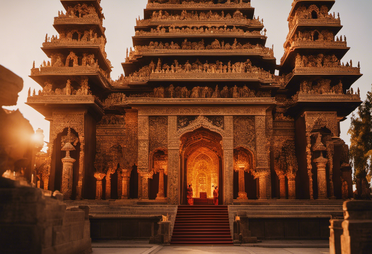 An image showcasing a majestic Fire Temple adorned with intricate carvings and vibrant stained glass windows, where Zoroastrians gather to celebrate their sacred festivals, immersing the scene in a warm glow of flickering flames