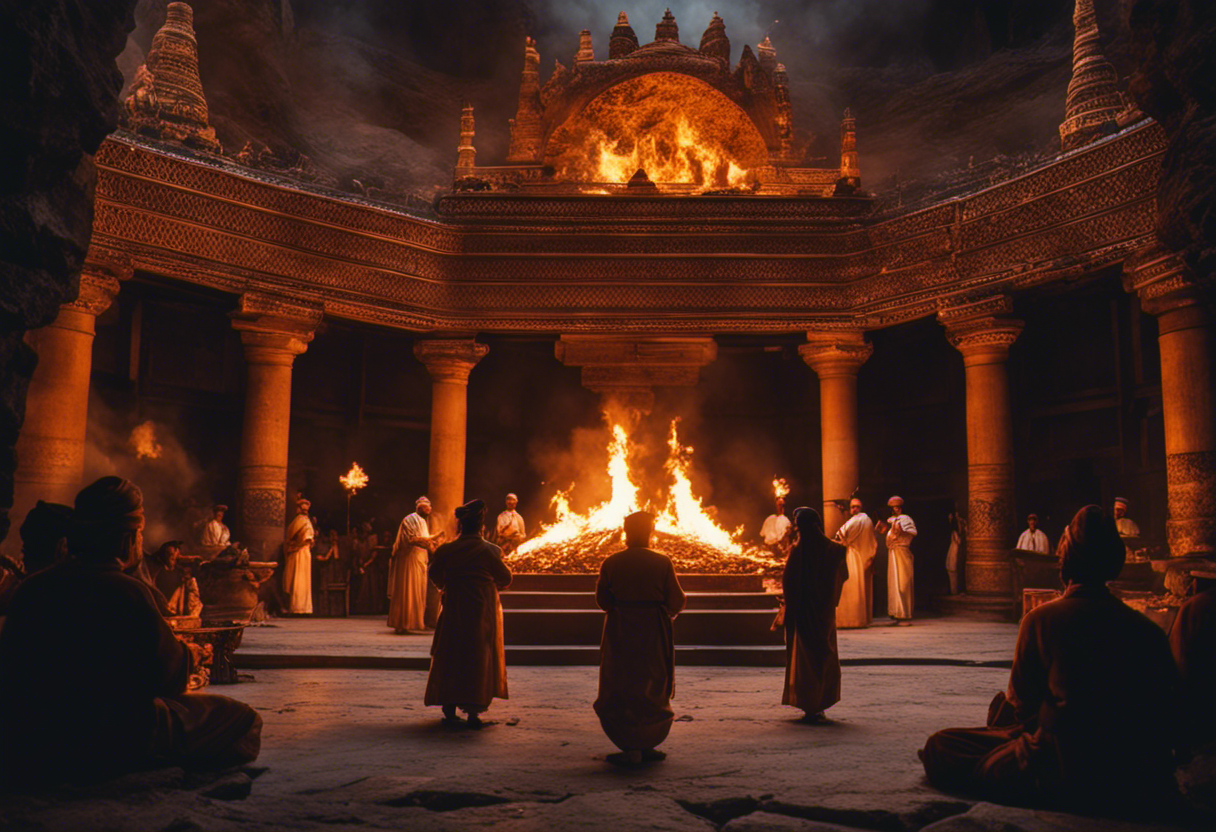 An image capturing the ethereal ambiance of a Zoroastrian fire temple, with a roaring fire at its heart, casting a warm glow on worshippers in the midst of performing intricate rituals and ceremonies