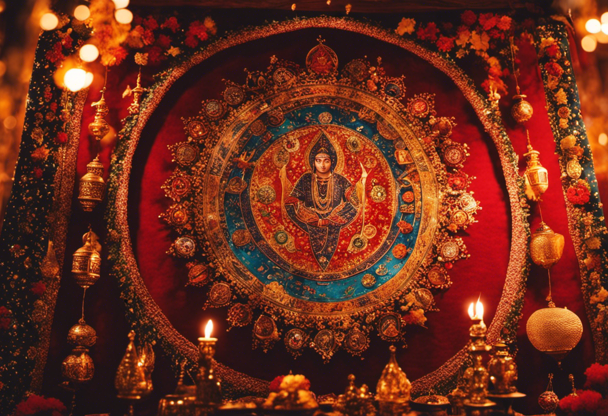 An image showcasing a vibrant tapestry of diverse religious and cultural symbols interwoven amidst twinkling stars, symbolizing the profound influence of Nakshatras on the rich tapestry of religious and cultural practices in Vikram Samvat