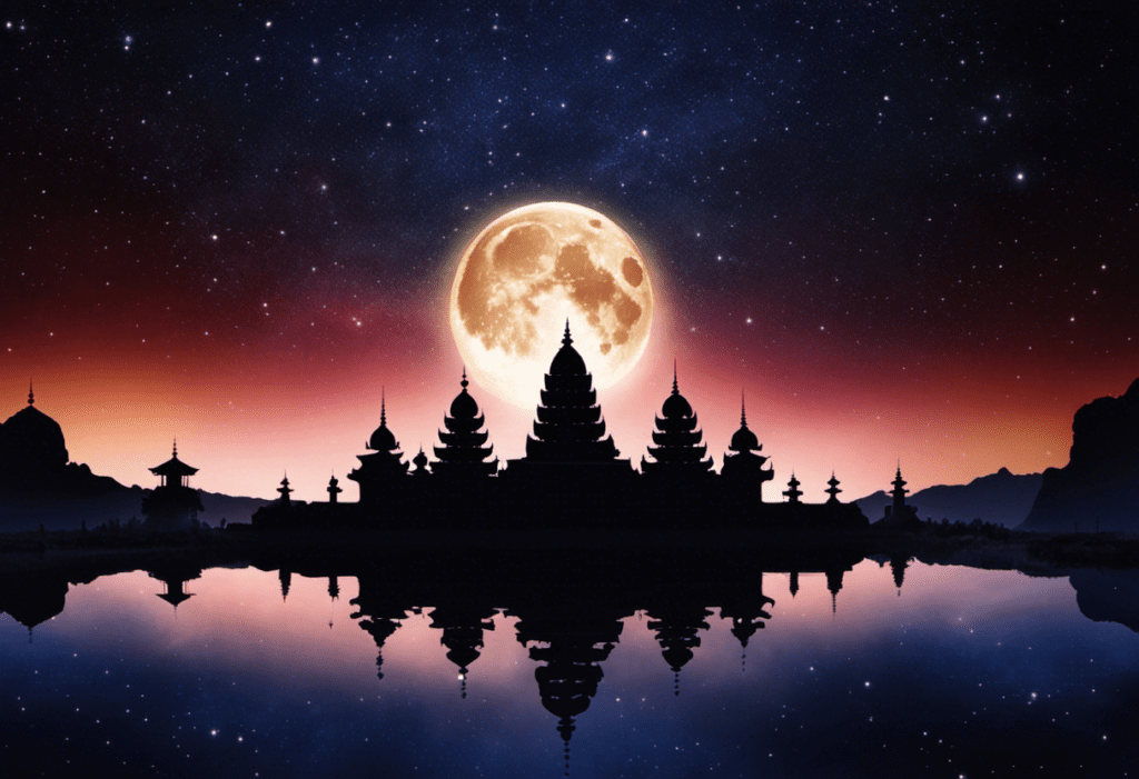 An image showing a night sky with a bright full moon shining down on a landscape