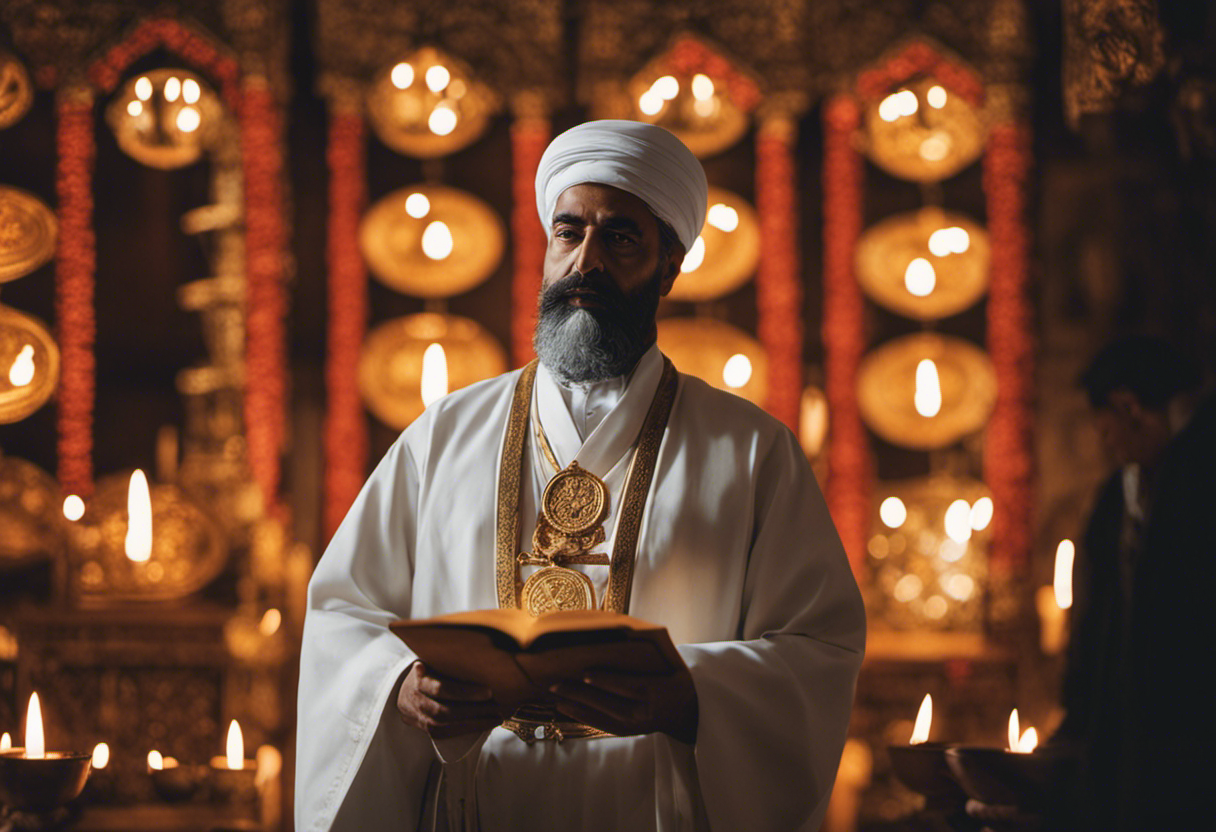 An image showcasing a Zoroastrian priest conducting intricate rituals to observe and maintain the ancient Zoroastrian calendar