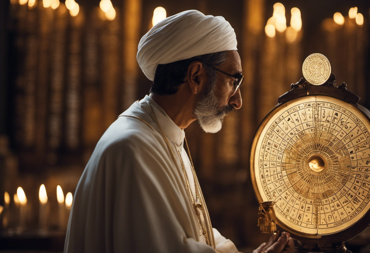 An image showcasing a Zoroastrian priest meticulously observing the celestial movements, using astrolabes and ancient manuscripts, to accurately determine significant dates in the Zoroastrian calendar