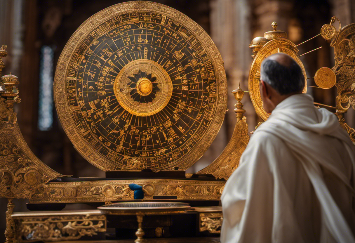 An image showcasing a Zoroastrian priest meticulously observing celestial movements, adorned in traditional vestments, while meticulously adjusting a large, ornate solar calendar with precision instruments in a tranquil temple setting
