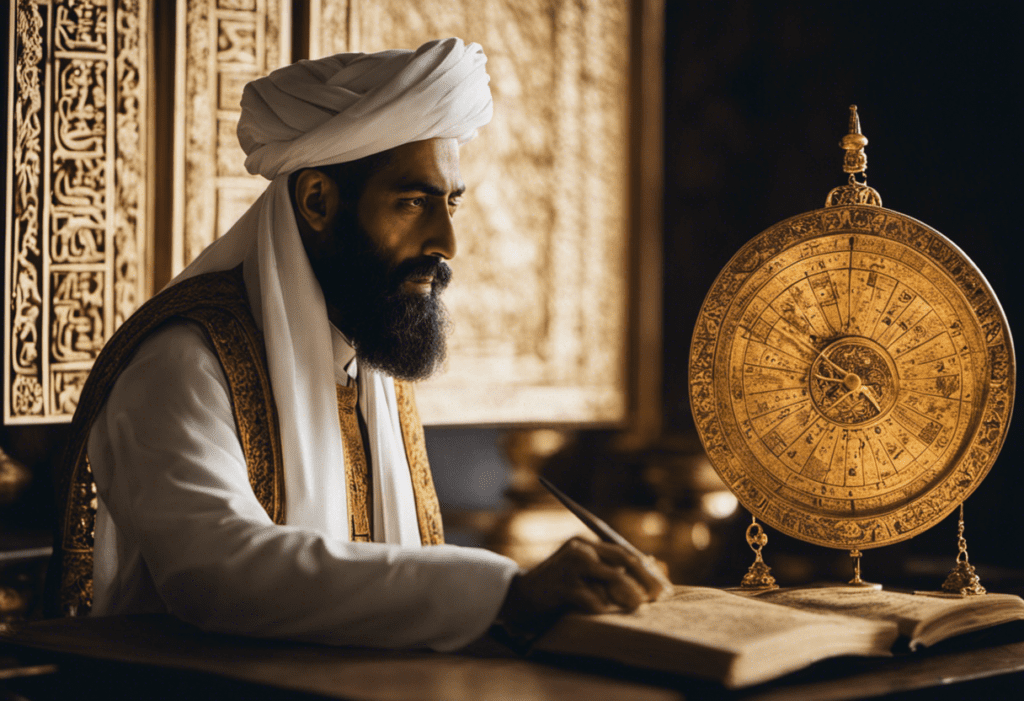 An image showcasing a Zoroastrian priest in traditional attire, meticulously observing celestial bodies with an astrolabe while surrounded by ancient manuscripts, symbolizing their crucial role in meticulously maintaining the intricate Zoroastrian calendar