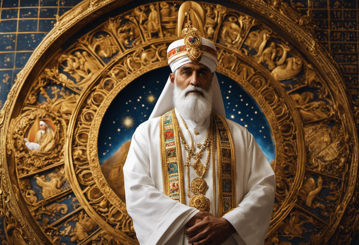 An image depicting a Zoroastrian priest, adorned in traditional garments and standing before an elaborate celestial chart, meticulously aligning celestial events with religious observances on the Zoroastrian calendar
