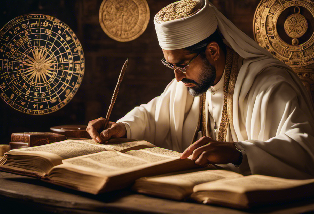 An image showcasing a Zoroastrian priest meticulously studying ancient scriptures, surrounded by celestial charts, almanacs, and astronomical instruments, symbolizing the challenges and innovations in preserving the intricate Zoroastrian calendar