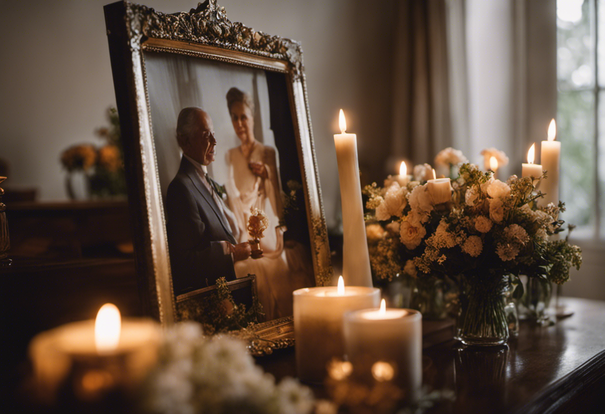 An image of a serene, candlelit room adorned with delicate flowers and framed photographs, where a family gathers in hushed reverence, performing sacred rituals to honor their ancestors and departed loved ones
