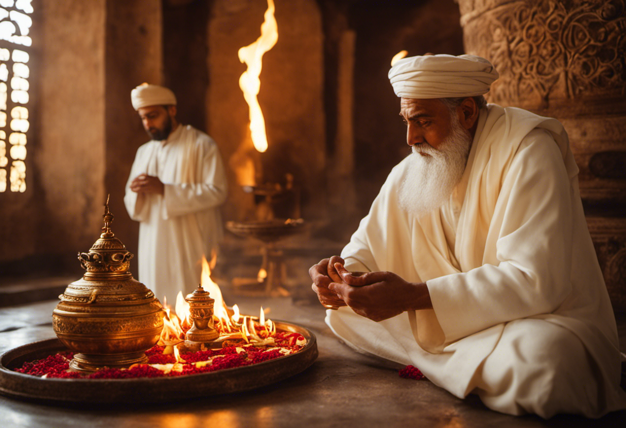 An image showcasing a serene Zoroastrian sanctuary bathed in soft, golden light