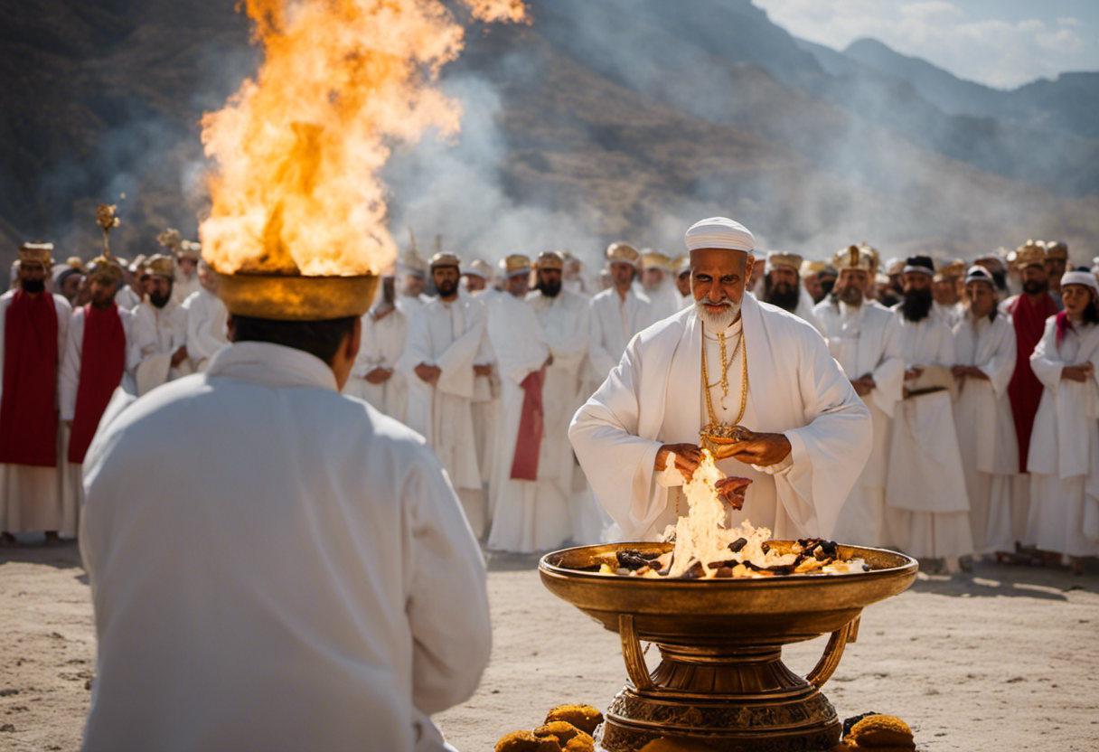 An image capturing the essence of Zoroastrian rituals, showcasing a priest clad in white, holding a sacred fire, surrounded by worshippers performing ancient ceremonies, under the celestial alignment of the Zoroastrian calendar