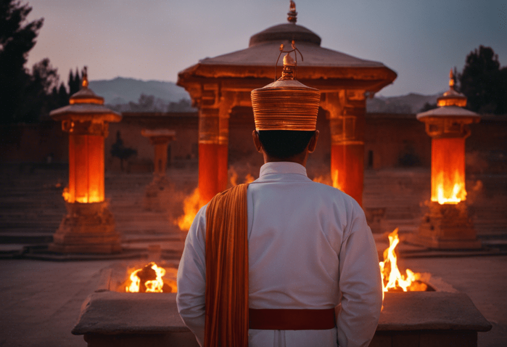An image capturing the ethereal beauty of a Zoroastrian fire temple at dusk, where flickering flames illuminate worshippers performing sacred rituals