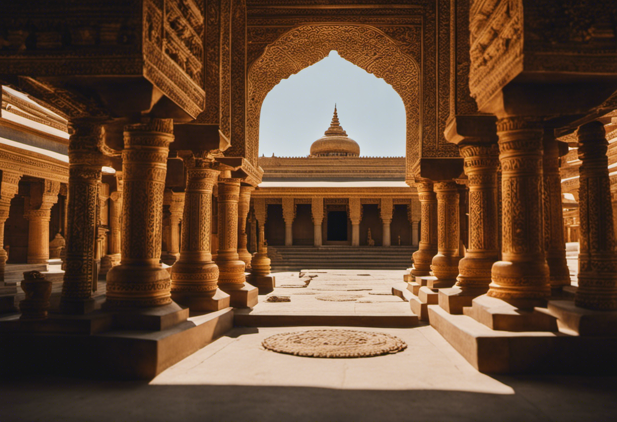 An image showcasing a serene, sunlit temple adorned with intricate carvings, with devotees immersed in deep prayer and contemplation, symbolizing the profound spiritual connection experienced on Gatha Days in Zoroastrianism