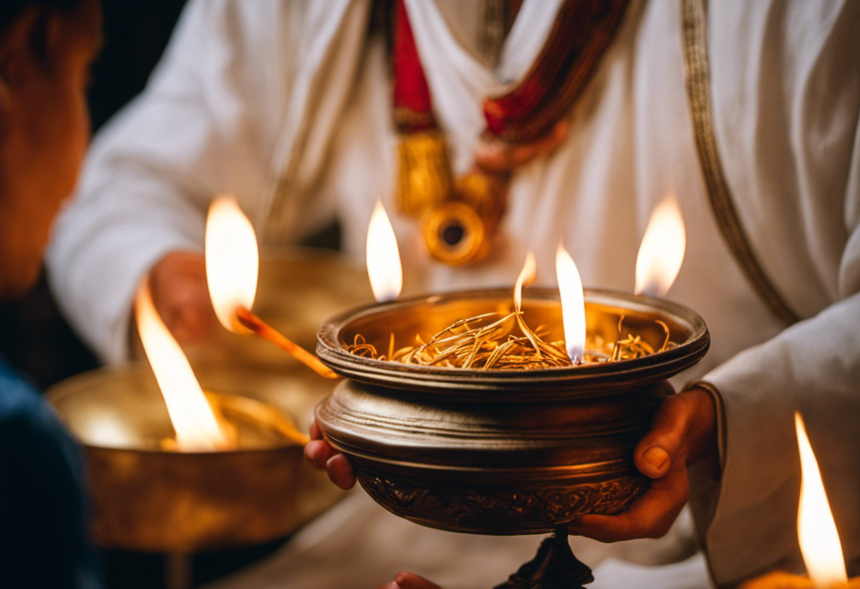 An image capturing the essence of Gatha Days in the Zoroastrian Calendar, showing a Zoroastrian follower engaging in ritual practices like fire worship or tying a sacred thread, symbolizing devotion and spiritual connection