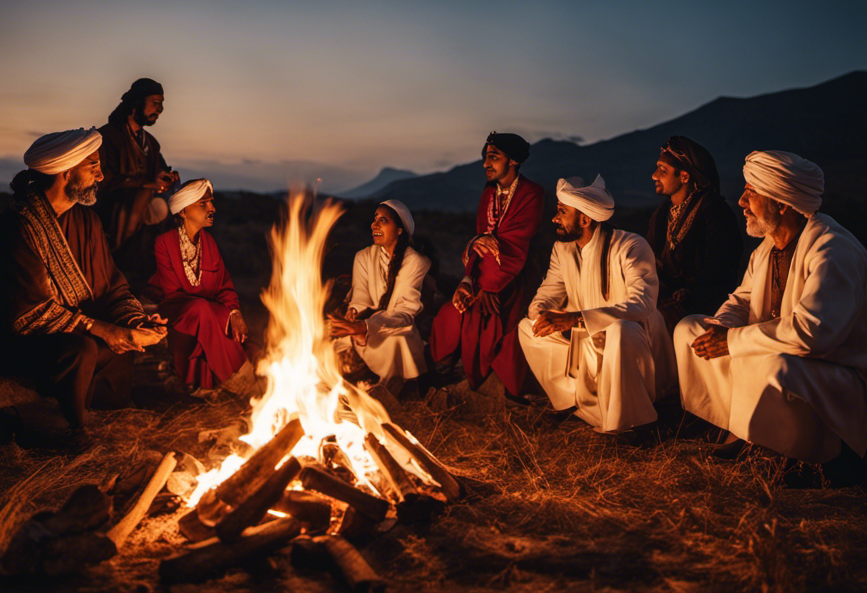 An image showcasing a diverse group of people from different walks of life, gathered around a sacred fire, symbolizing the celebration of unity and harmony during Gatha Days in the Zoroastrian calendar