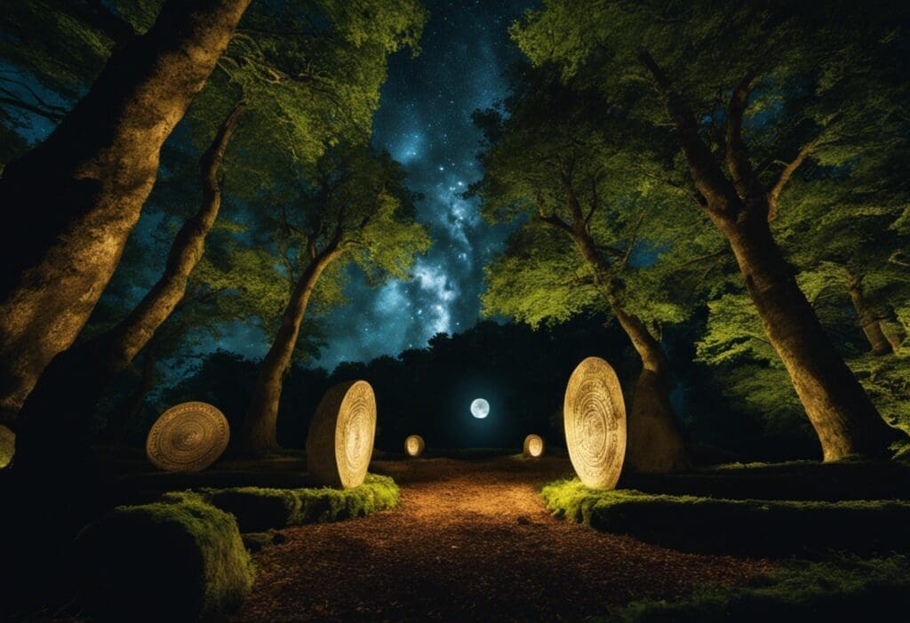 An image showcasing the mystical Celtic calendar, depicting a sacred grove surrounded by ancient stone circles, where moonlight filters through the lush foliage, illuminating the cyclical dance of lunar phases overhead