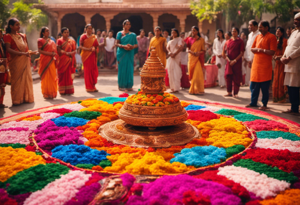 An image capturing the essence of Yugadi in Vikram Samvat: a vibrant, sunlit courtyard adorned with flowers, where a family gathers around a traditional rangoli, wearing colorful attire and exchanging festive sweets