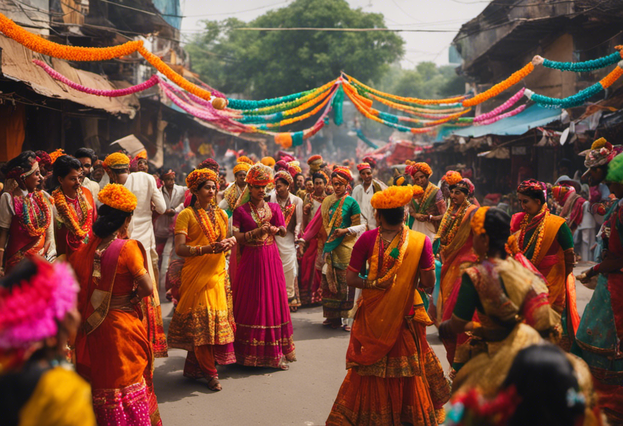 An image depicting a vibrant street adorned with colorful decorations, filled with people dressed in traditional attire, exchanging festive sweets, and dancing to traditional music, capturing the joyous cultural celebrations and festivities of Yugadi in Vikram Samvat
