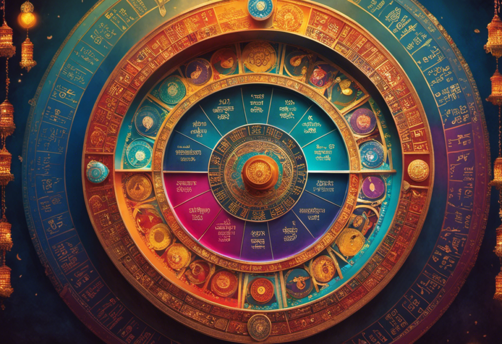 An image showcasing the structure of a Vikram Samvat year, depicting a circular calendar with 12 months in vibrant colors, each divided into lunar phases, surrounded by traditional Hindu symbols and adorned with festive illustrations
