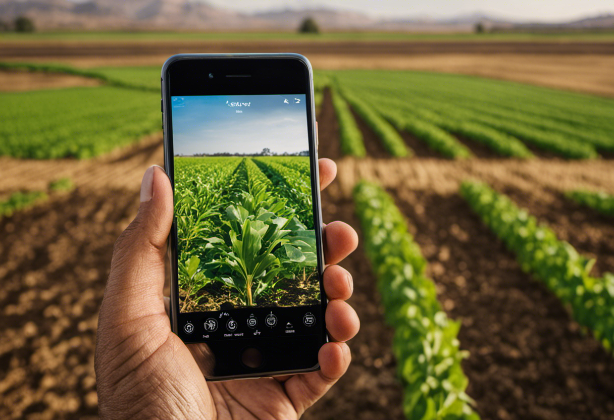 An image depicting a farmer using a smartphone app to navigate the complexities of the Zoroastrian Calendar in modern agriculture, with crops flourishing under the guidance of the digital adaptation