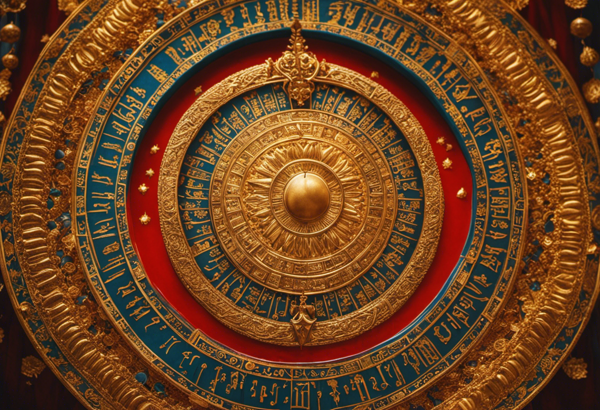 An image featuring a vibrant Zoroastrian calendar adorned with intricate celestial motifs, symbolizing the cultural significance of Zoroastrian iconography