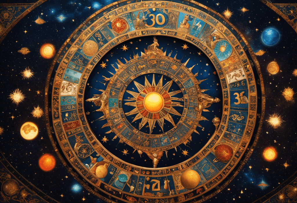 An image featuring a vibrant mosaic depicting the Zoroastrian calendar, adorned with intricate celestial symbols and zodiac signs