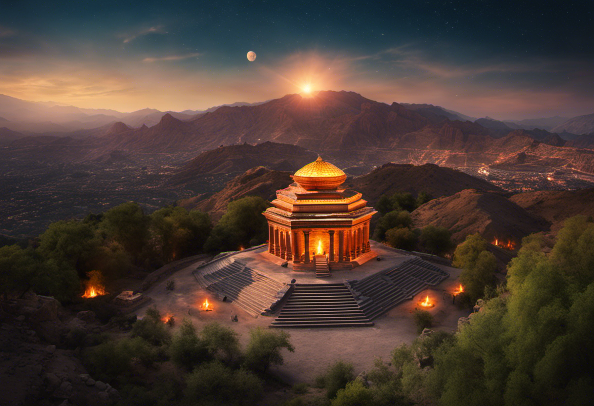 An image depicting a vibrant Zoroastrian fire temple atop a lush mountain, surrounded by ancient Persian ruins