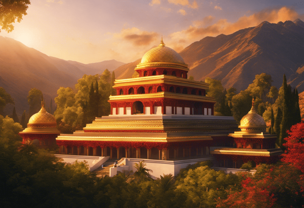 An image depicting a vibrant painting of a Zoroastrian fire temple surrounded by lush mountains, while a golden sun sets behind it