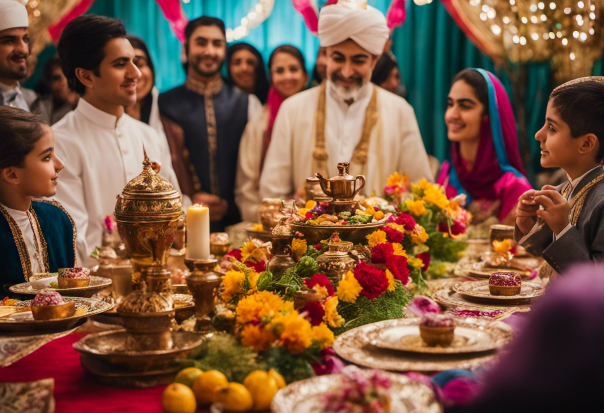 An image capturing the vibrant celebration of Navroz, the Zoroastrian New Year, with families dressed in traditional attire, gathered around a beautifully adorned Haft Seen table, symbolizing renewal and prosperity
