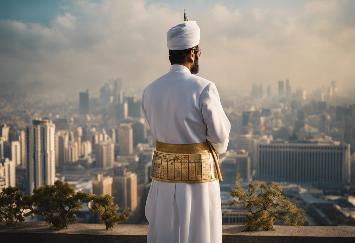 An image of a Zoroastrian priest standing before a modern cityscape, holding a traditional calendar in one hand and a smartphone in the other, symbolizing the challenges and adaptations faced in maintaining the Zoroastrian calendar in the modern era