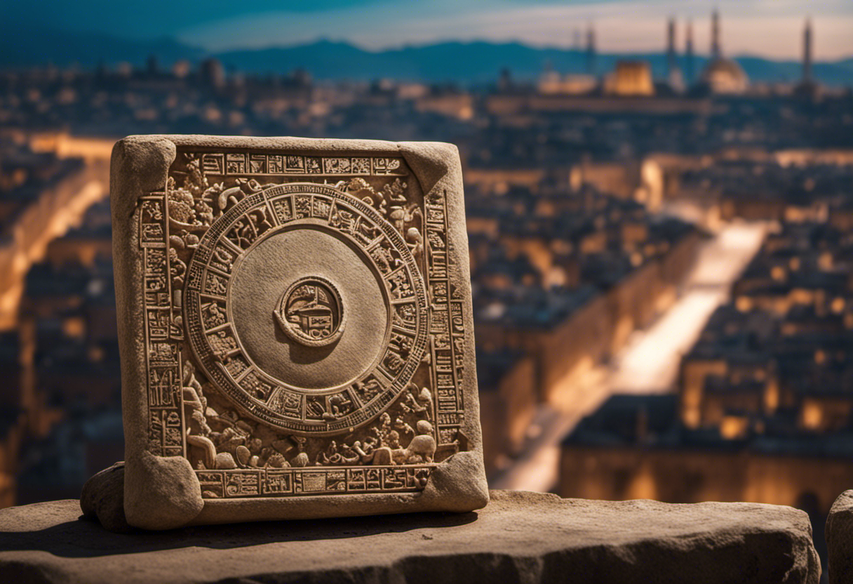 An image depicting ancient Persian artifacts, such as a stone tablet inscribed with the Zoroastrian calendar, juxtaposed against a contemporary backdrop of a bustling cityscape