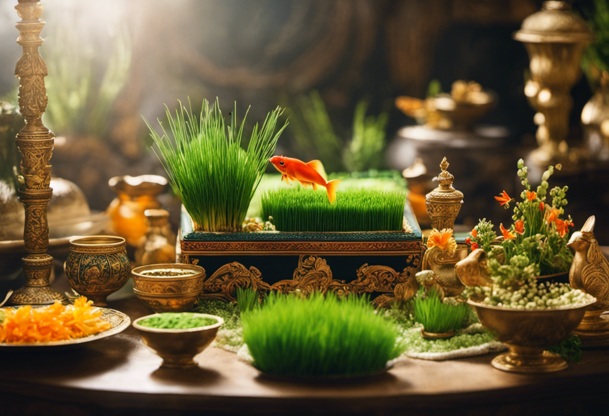 An image depicting a vibrant Nowruz celebration, showcasing a Zoroastrian family gathered around a Haft-Seen table adorned with symbolic items, while a sprouting wheatgrass and a goldfish bowl signify renewal and prosperity