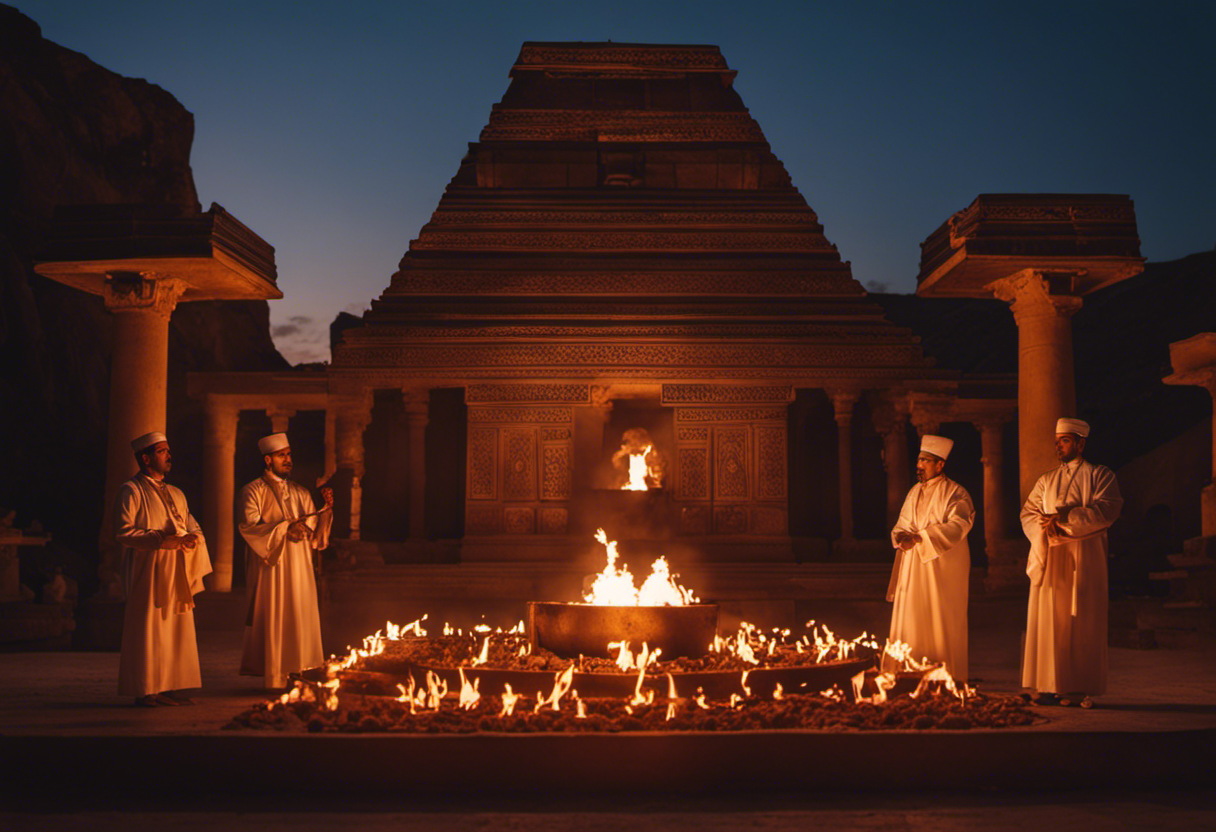 An image showcasing a Zoroastrian fire temple at dusk, with priests performing a sacred ritual, dispelling myths about Zoroastrian practices