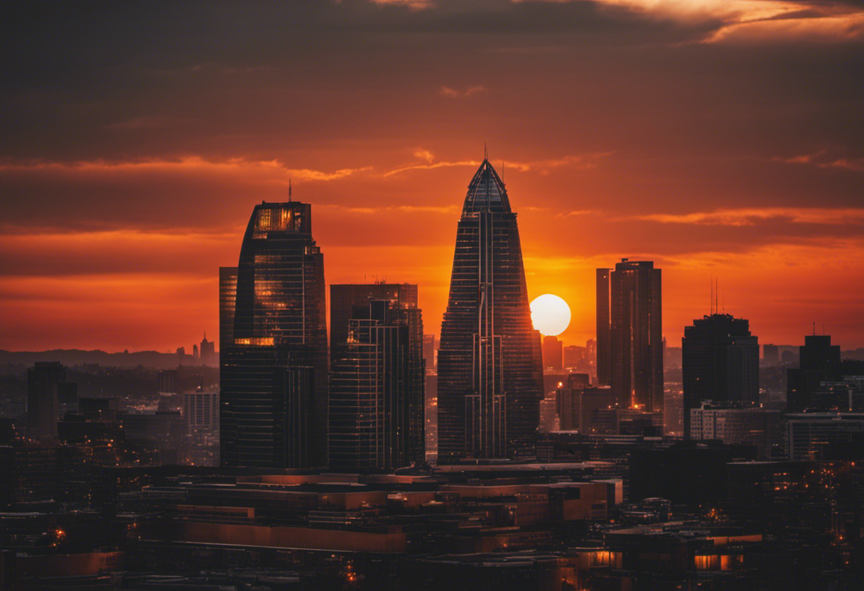 An image showcasing a modern city skyline against a setting sun, with vibrant hues of orange and gold illuminating the sky